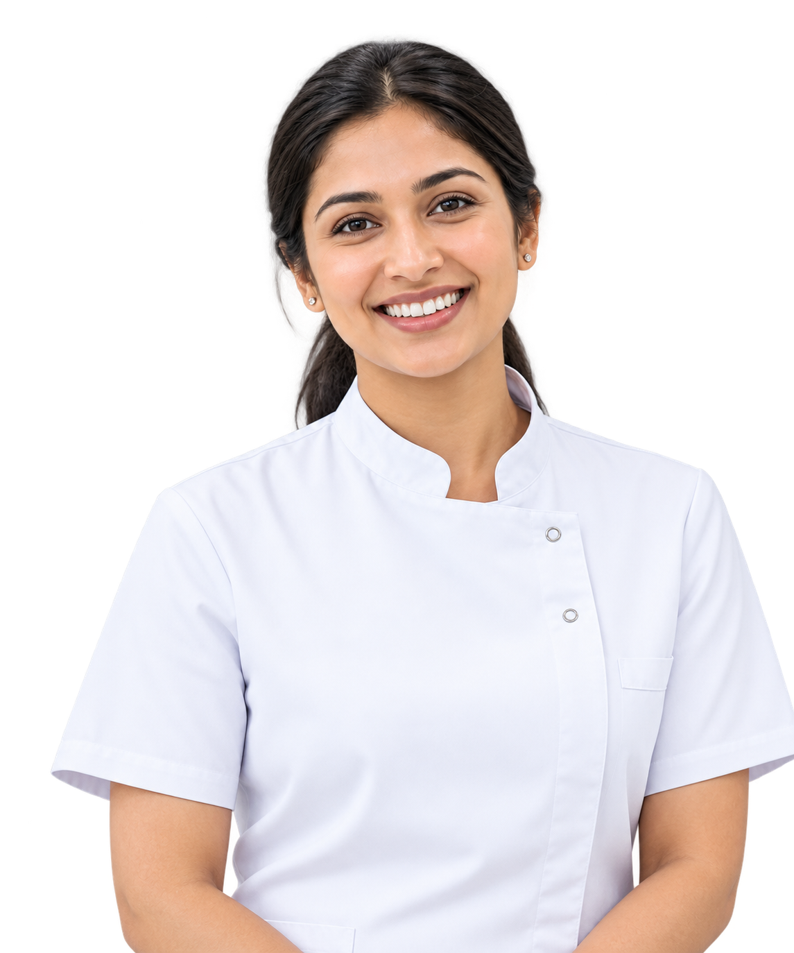 Smiling pharmacist in a white uniform