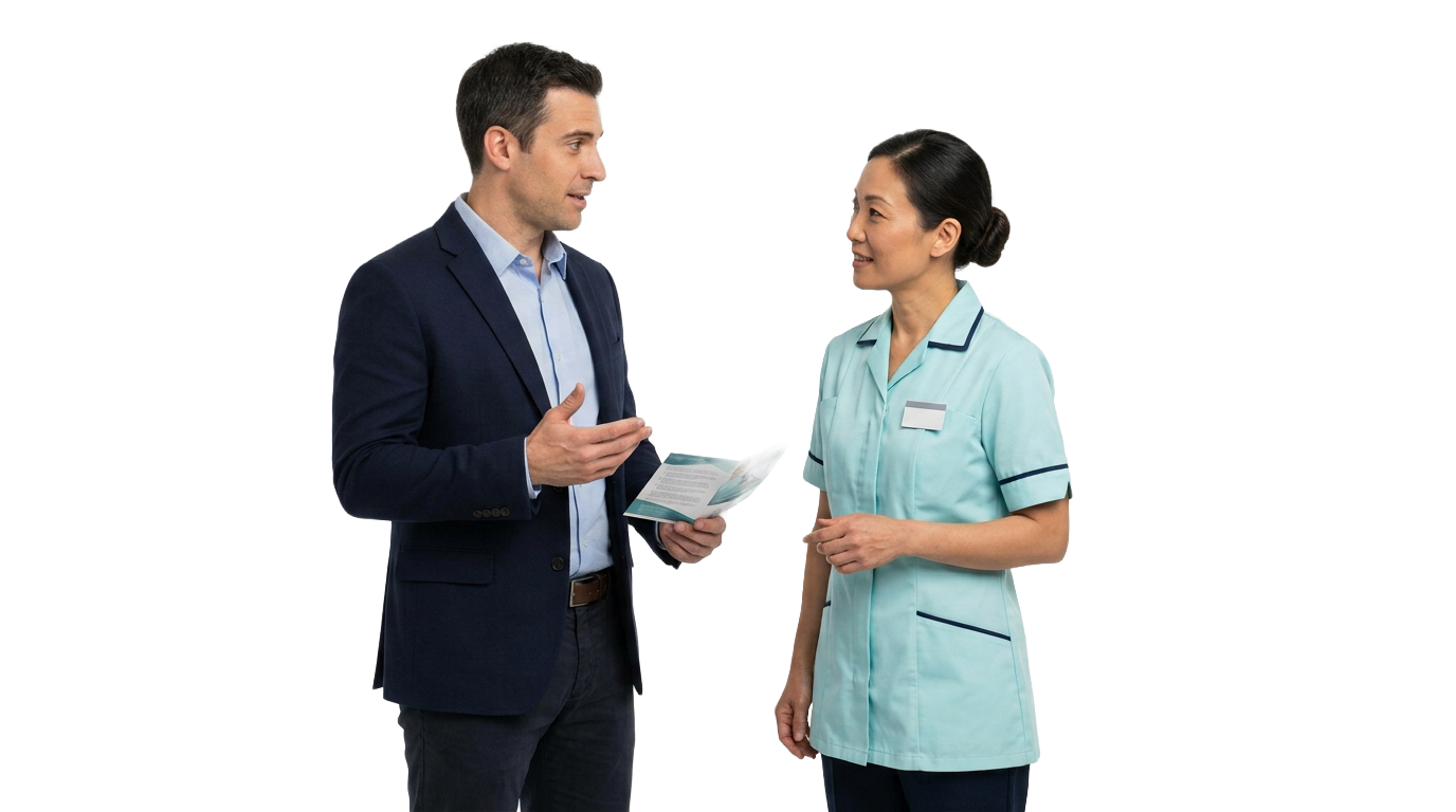 A finance consultant talking with a healthcare worker in a teal uniform