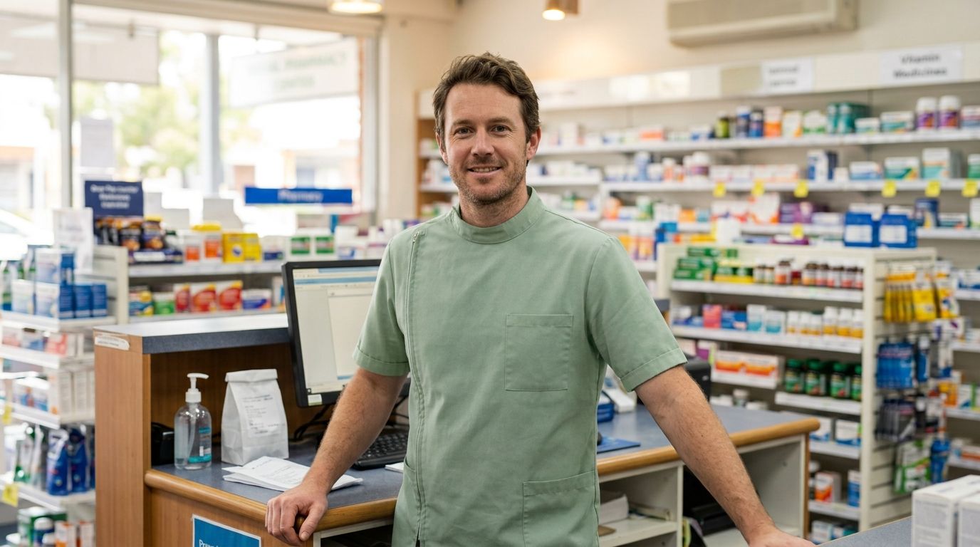 Pharmacist in a green uniform standing at the counter of his pharmacy